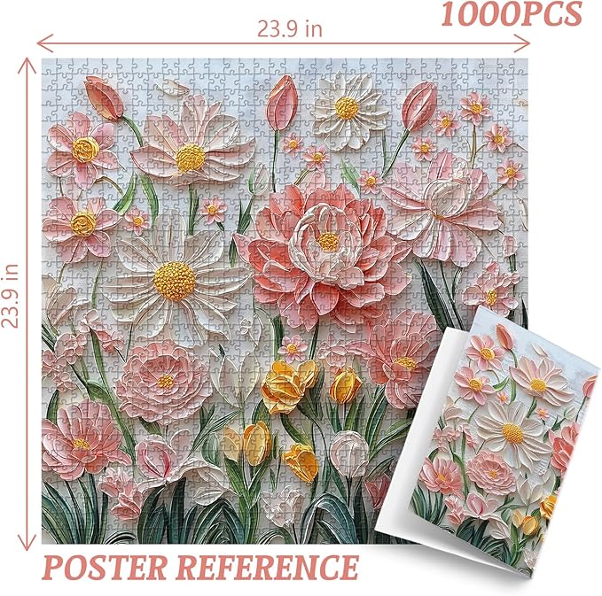 Spring Floral Puzzles for Adults 1000 Pieces, PICKFORU Wildflower Garden Flower Jigsaw Puzzle Oil Painting, Impossible Hard Plant Theme as Home Decor