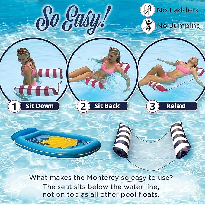Aqua 4-in-1 Monterey Hammock Pool Float & Water Hammock, Multi-Purpose, Inflatable Pool Floats for Adults, Patented Thick, Non-Stick PVC Material, One Navy & One Burgundy/White Stripe, 2-Pack
