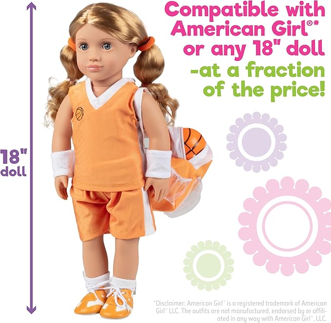 Girls Basketball Uniform 8pc Doll Outfit- Includes Basketball, Sneakers, Jersey, Shorts, Backpack & More- Handmade Outfit & Accessories Compatible with 18" American Girl Doll- Gift for Girls, Birthday