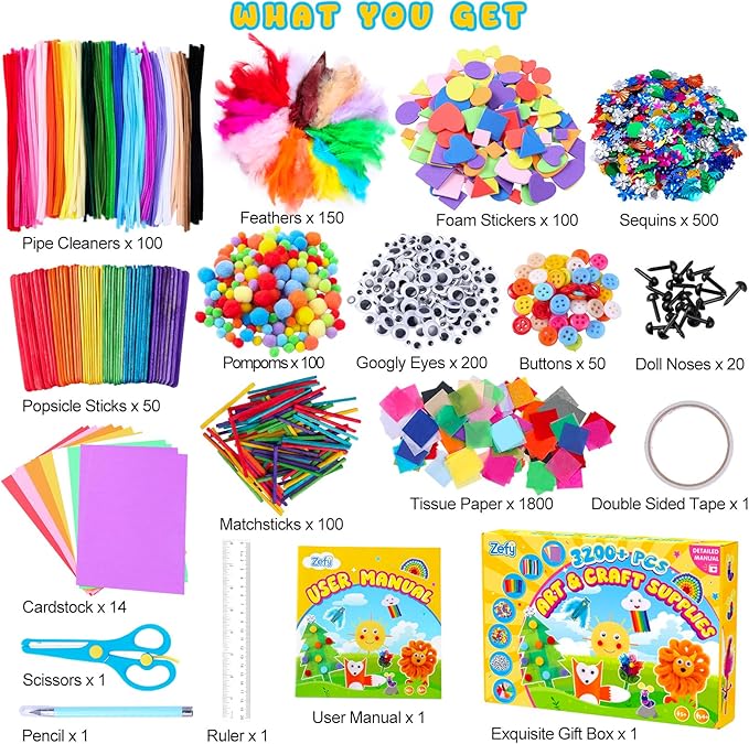 Zefy 3200+ Pcs Crafts Supplies and 650 Pcs Wax Craft Sticks