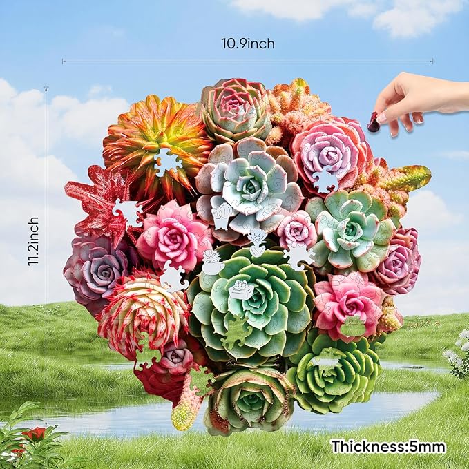 Delobil Succulent Bouquet Wooden Puzzles for Adults, 200 Pieces Mandala Round Jigsaw Puzzles, Medium Size Unique Shaped Wood Puzzle Gift for Kids, Family Game 11.2'' x 10.9''