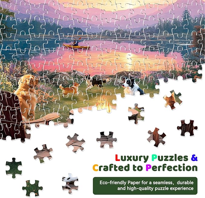 300 Piece Puzzles for Adults, 300 Piece Puzzles for Adults Large Piece, Lake Sunset Dogs Campfire Jigsaw Puzzle Funny Gift for Adult Kids Challenging Family Games Toy, 20.5 X 15 in