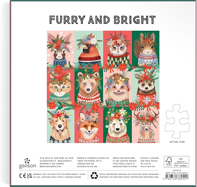 Galison Furry and Bright – 500 Piece Jigsaw Puzzle Featuring Adorable Portraits of Furry Friends Festooned for The Holidays