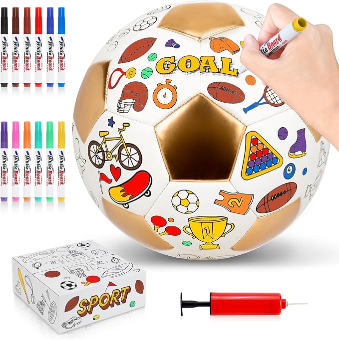 Size 4 Color Your Own Soccer Ball Gold DIY Custom Craft Kit with Pump 12 Markers Personalized Youth Toddler Training Paint Your Own Toy Creative Gift for Kids (Gold Soccer Ball, 4)