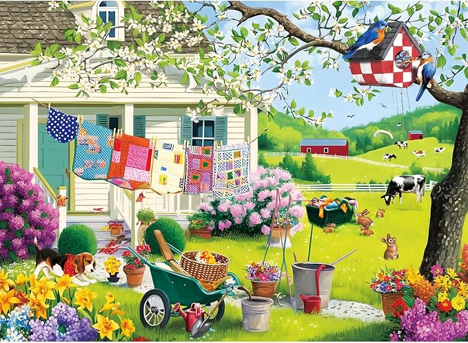 Puzzles for Adults 500 Pieces - Buzy Spring Backyard Jigsaw Puzzle, Farm Quilts Garden Cabin Puzzle, with Birdhouse,Plants and Dog for Teens 14-16, Impossible Puzzle Perfect for Game Nights 20.5x15 in