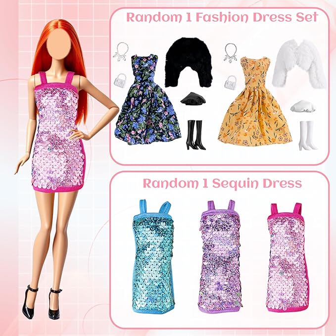16 Pcs Doll Clothes for 11.5 inch Doll Include 1 Leather Coat Set 1 Fashion Dress Set 1 Pencil Skirt Set 2 Outfits 1 Sequen Dress Shoes Bag Necklace Hat in Random, for Girls