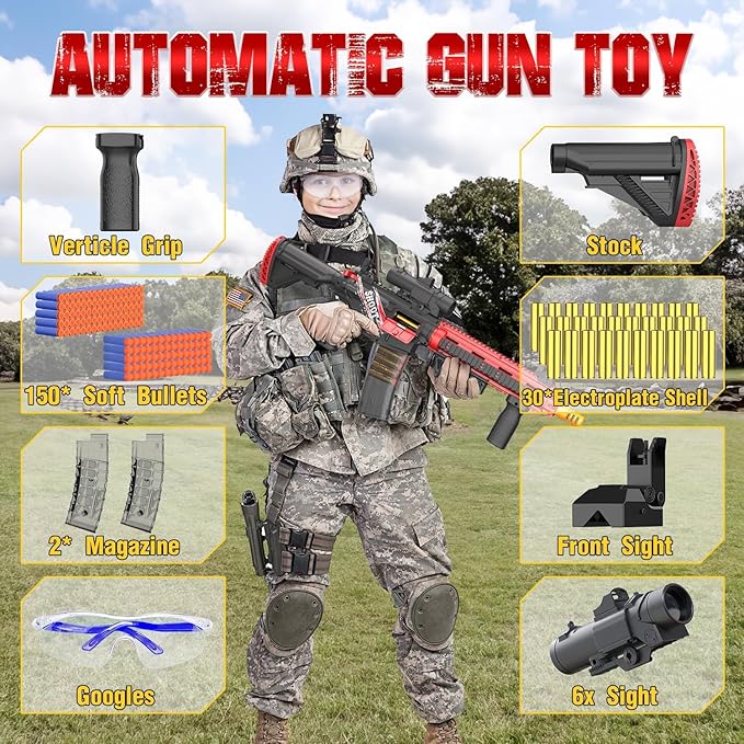 EagleStone Automatic Realistic Toy Gun for Boys, Shell Ejecting Foam Blaster for Kids Ages 8-12,Sniper Rifle,2 Magazines,150 Darts,30 Shells, Electric Machine Guns Toys for Adults Birthday Xmas Gifts