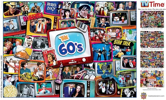 MasterPieces - 1000 Piece Jigsaw Puzzle, Nostalgic 60’s TV Shows Collage, Retro Entertainment Fun for Adults, Family, Kids, Non-Glare Finish, 19.25" x 26.75"