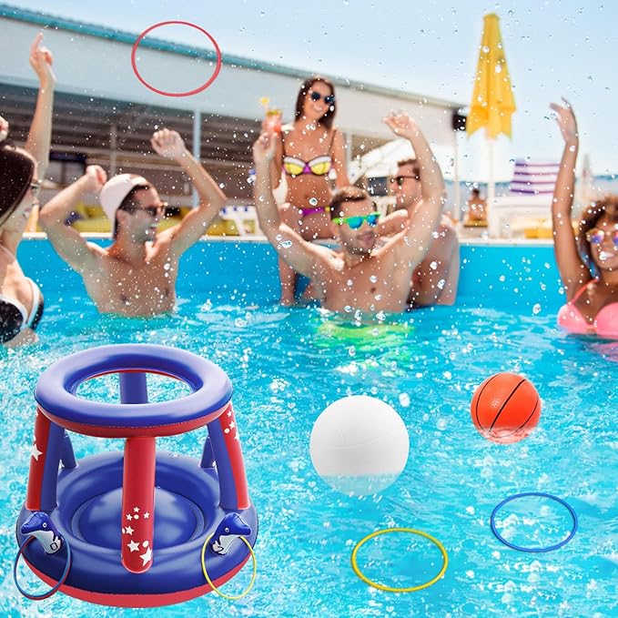 Jasonwell Pool Toys Games Set - 3 in 1 Pool Volleyball Net Basketball Hoop Ring Toss Game Inflatable Floats Water Floating Volleyball Swimming Pools Games Party Gift for Kids Adults (Red&Blue, XL)