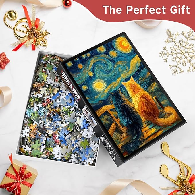 Starry Night Bridge Two Cats 1000 Piece Puzzle for Adults - Van Gogh Inspired Art, Whimsical Town Scene, Poster & Lettered Back, 20"x28" HD, Gift for Cat & Art Lovers