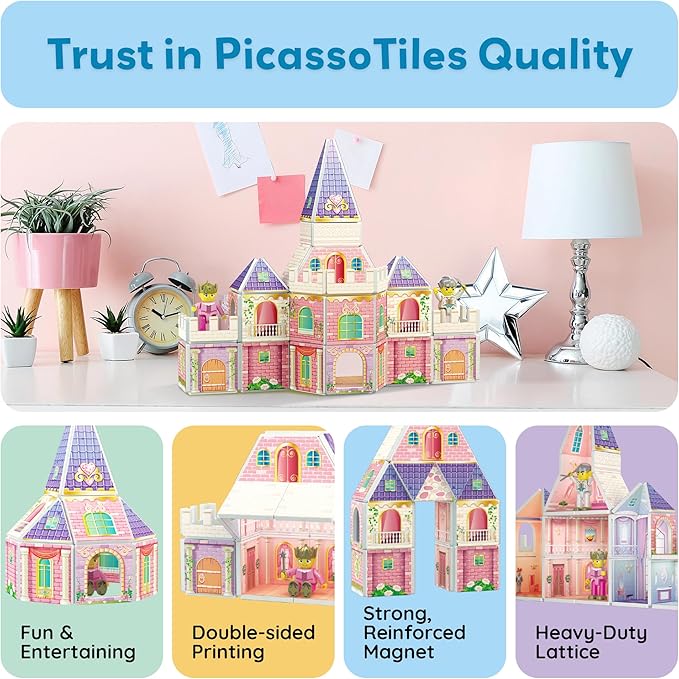 PicassoTiles 60pc Magnetic Tile Princess Castle Building Set with Double Sided Printed Tiles 2 Character Figures STEM Educational Toy Kit for Kids Pretend Play Montessori Learning Ages 3 to 8 PTQ04