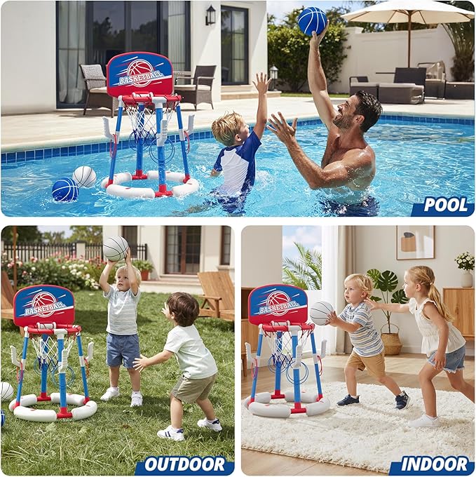 2 in 1 Pool Basketball Hoop with Backboard & Ring Toss Game, Floating Pool Toy - Anti-Tip Stable Base - with 4 Balls/8 Rings/Pump - Summer Water Indoor Outdoor Toy Gifts for Kids 4-8 & Adults, Red