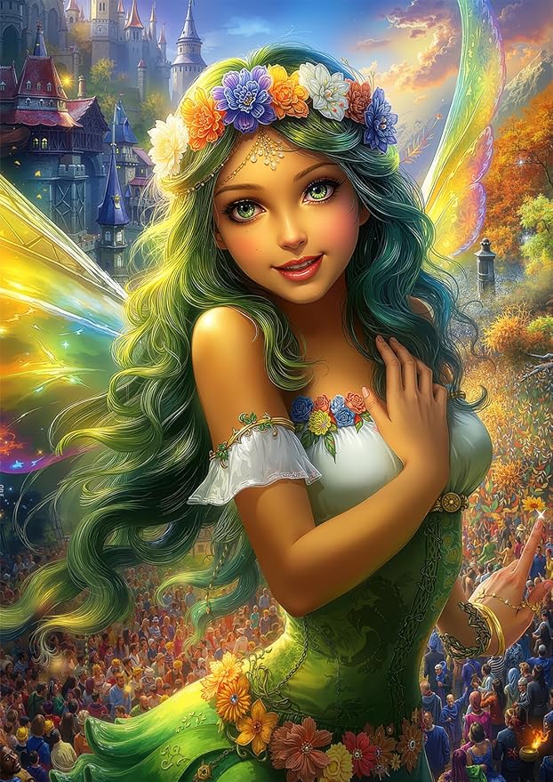 Enchanted Forest Fairy Queen 1000 Piece Jigsaw Puzzle for Adults - Fantasy Castle Festival Scene with Iridescent Wings, Poster & Lettered Back, 20"x28" HD Quality, Gift for Fantasy Lovers