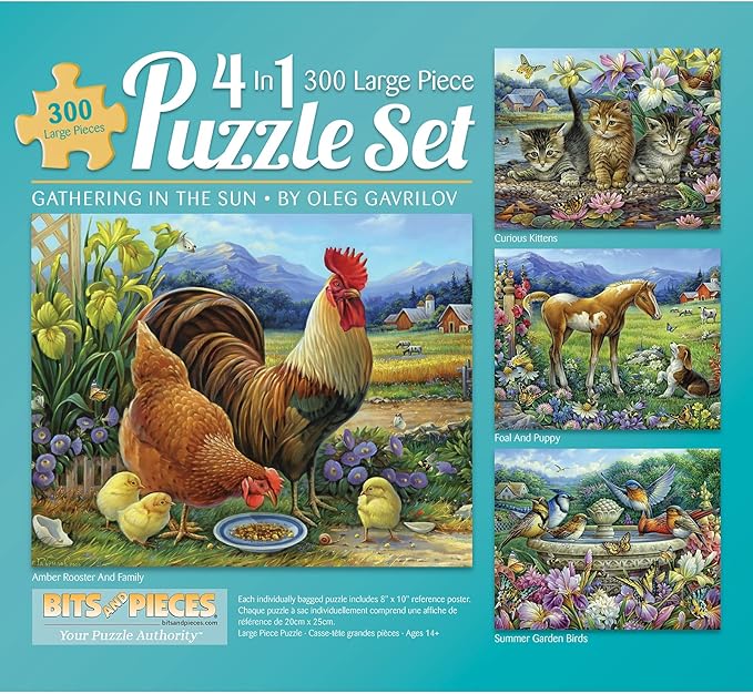 Bits and Pieces - Multipack of Four (4) 4-In-1 300 Piece Jigsaw Puzzles for Adults - Puzzles Measure 16" x 20" - 300 pc Kittens Puppy Rooster Family Summer Garden Birds Jigsaws by Artist Oleg Gavrilov
