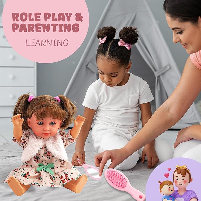 SMIESSKIDDO Baby Doll - 12" Interactive Talking Dolls with Sing Sound, Hair Styling Set - Comb Mirror Rollers Accessories - Soft PVC First Babies Doll for Toddler Girls