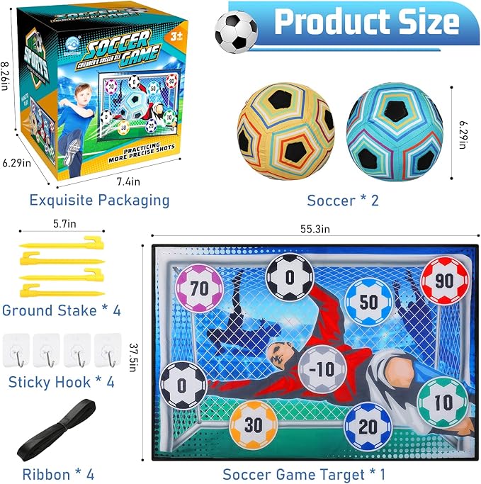 VATOS Toy Soccer Ball Game Set for Boys and Girls, Indoor Outdoor Backyard Toss Soccer Goal Game with 2 Balls, 1 Flannel Target, Soccer Toys for 3-5 6-8 8-12 Years Old Kids Birthday
