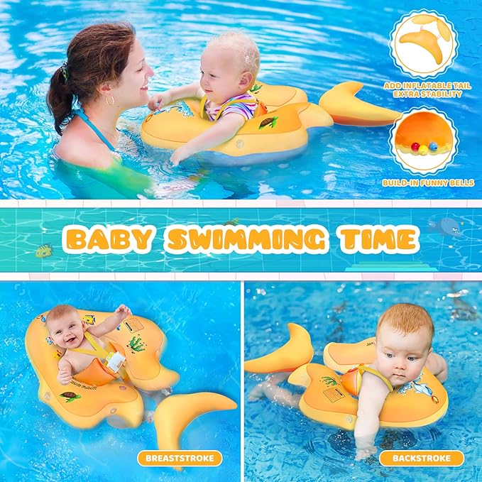 No Flip Over Baby Pool Float with Canopy UPF50+ Sun Protection, Inflatable Baby Float with Sponge Safety Support Bottom, Fun Gifts Water Toys Accessories Baby Swim Floats for Pool 3-36 Months