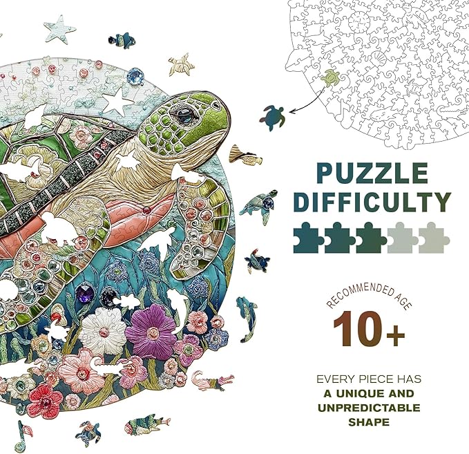 Wooden Puzzles for Adults - Embroidered Turtle Wooden Jigsaw Puzzle, Unique Animal Shaped Wood Puzzles Adult, Christmas Birthday Gifts for Friends/Family, Home Decor, 8.5"x8.4"-100pcs