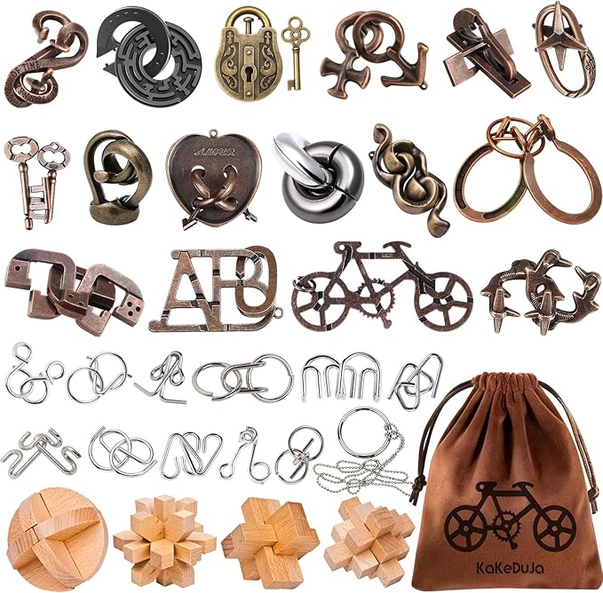 Brain Teaser Puzzles for Adults Disentanglement Puzzles Metal Brain Teaser Puzzles (32PCS Metal+Wood Puzzles)