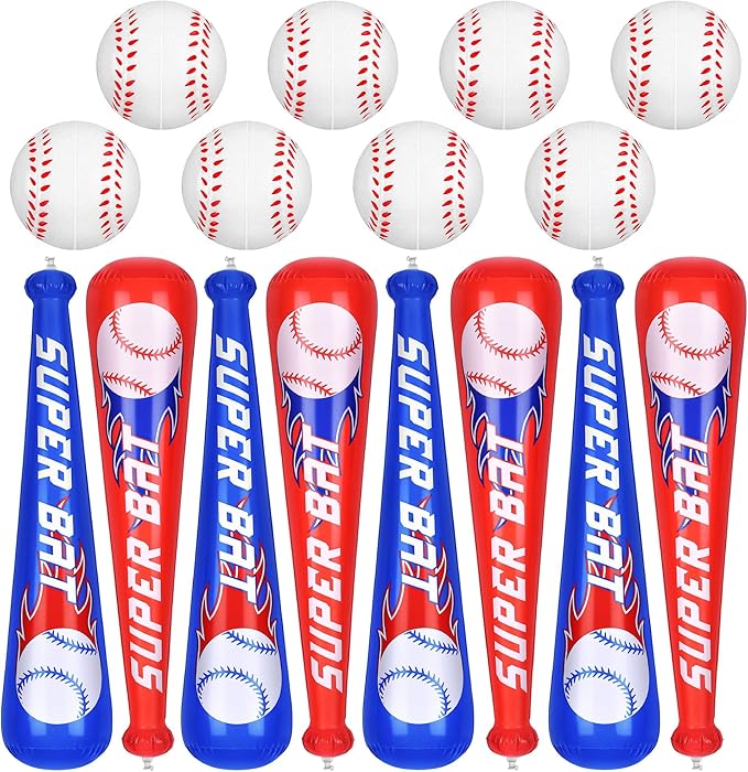 Fovths 8 Sets Inflatable Baseball Bats and Baseballs Set 22 Inch Inflate Baseballs with Mini Foam Sports Stress Ball for Sports Theme Birthday Party Favors