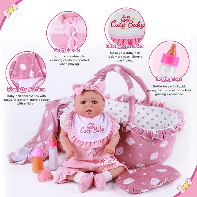 BABESIDE 10 Pcs Reborn Baby Doll Clothes and Accessories Set with Bassinet for 17-22 Inch Dolls, Baby Doll Accessories with Bottles Pacifier for Newborn Dolls Girls, Pink & Bean Paste Color