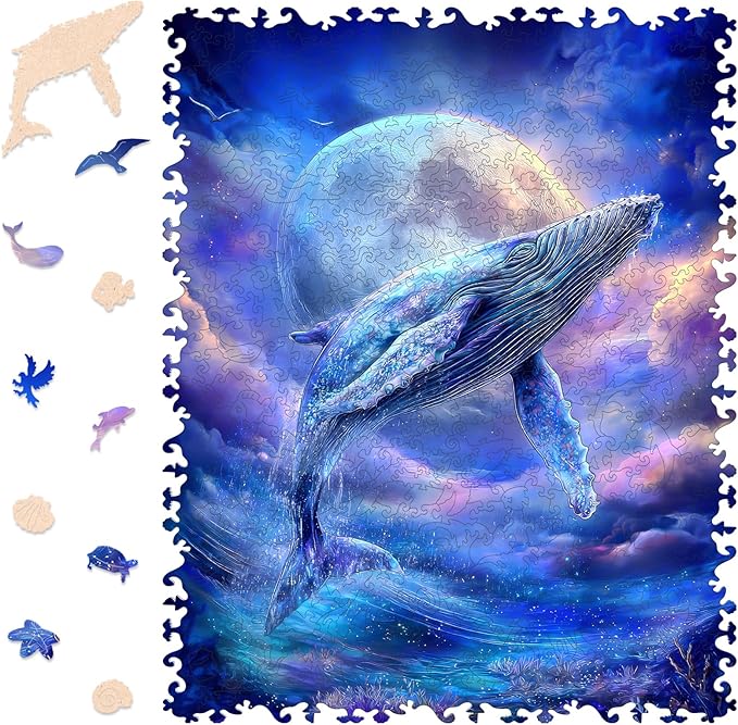 Bovearto Wooden Puzzle for Adults, Whale Wooden Jigsaw Puzzles, Animal Edgeless Puzzle Unique Shaped for Kids Family Games for Adults Large Size(13.5"*16.9")