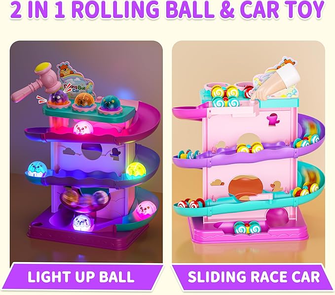 Funwee 2-in-1 Rolling Ball & Racing Car Ramp Toy for Toddlers, Race Track Hammer Lights Ball Drop, Interactive Montessori Learning Game Birthday Gift Idea for Kids 1 2 3 4 5+Year Old Girl Boy(Pink)
