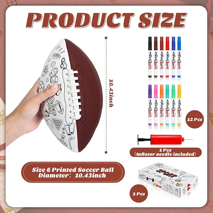 Size 6 Color Your Own Football Brown DIY Custom Craft Kit with Pump 12 Markers Personalized Youth Toddler Training Paint Your Own Toy Creative Gift for Kids (Brown Foorball, 6)