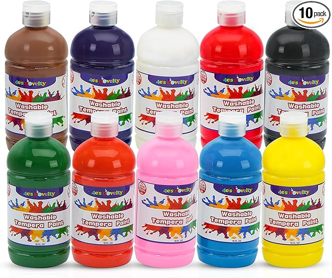 4E's Novelty 16oz Washable Tempera Paint Set for Kids – 10 Bright Colors – 16oz Bottles – Non Toxic Washable Paint for Crafts, Teacher Classroom Must Have, Arts & Craft Supplies