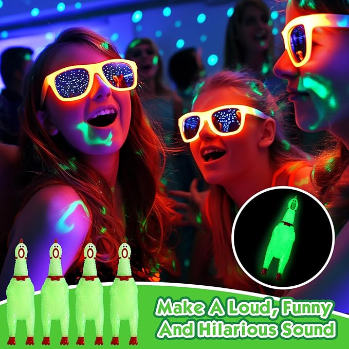 Honoson 150 Pcs Glow in The Dark Rubber Chicken 6.5 Inch Luminous Screaming Glowing Novelty Squeaky Chicken Prank Novelty Toy Party Favors for Adults, Family Games (Green)
