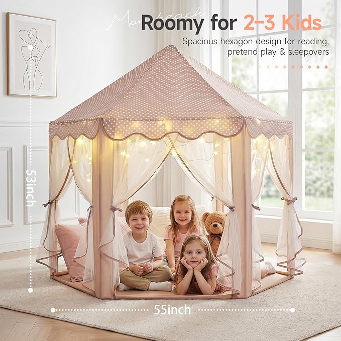 Monobeach Princess Play Tent for Girls: Brown Large Kids Castle Playhouse with Mesh Curtains & Star Lights - Indoor Outdoor Pretend Play Toys Tent - Cozy Reading Nook Gift for Toddlers & Kids