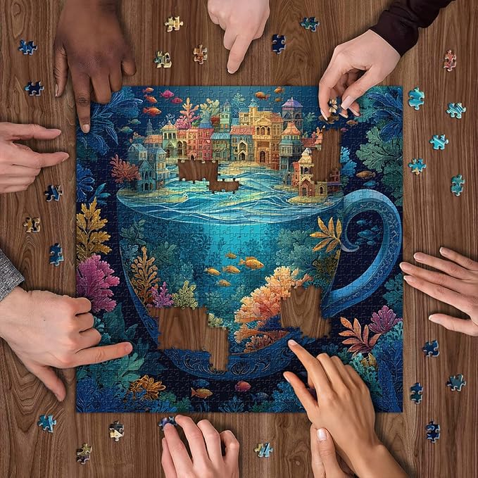 PICKFORU Ocean City for Adults 1000 Pieces, Colorful Fantasy Cup Jigsaw Puzzles Coral Fish, Difficult Challenging Sea Landscape Theme as House Decor