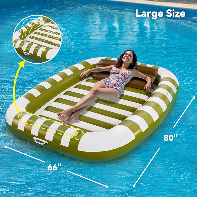 Pool Wave Inflatable Pool Lounger Floats, 80" x 66" Large Tanning Bed for Adult Kids, Outdoor Sun Bathing Floating Blow up Raft W/Pillow, Spray Water Mat, Summer Beach Lake Family Party Gift - Green