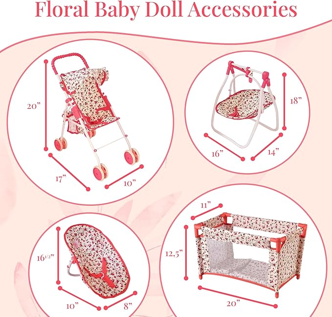 Deluxe Baby Doll Stroller and Crib Furniture Playset, Multi Baby Doll Accessories Set for 18" Dolls, Includes Doll Stroller Swing and Doll Bed Pretend Play for All Dolls - Floral