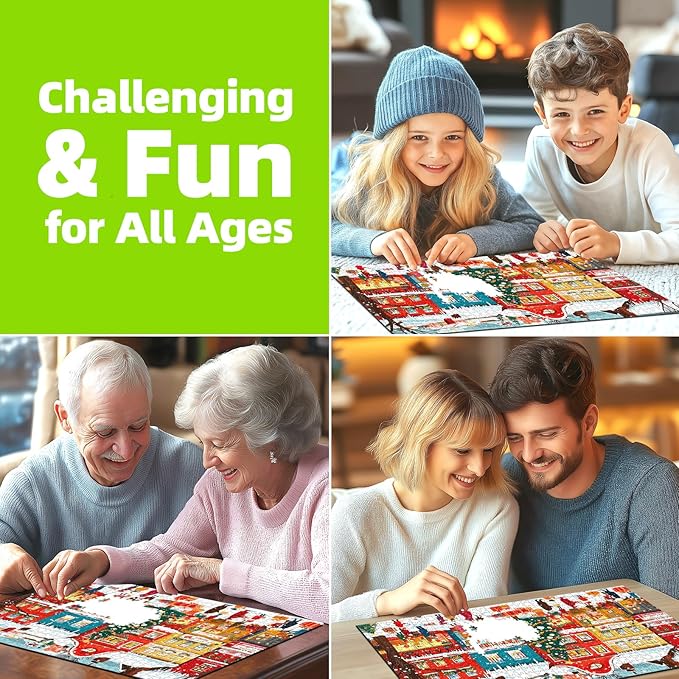 Snowy Christmas Town 1000 Piece Puzzle for Adults, Fun Puzzles for Adults 1000 Pieces with HD Print & Poster, 27.5 * 19.7 in Dust Free, for Gifts Halloween Christmas Family Games Lovers