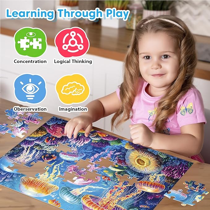 4 Pack 100 Piece Puzzles for Kids Ages 4-8, Large Piece Kids Puzzles Ages 4-6 6-8 8-10, Ocean Theme Jigsaw Puzzle Toys, Educational Family Puzzles Gifts for Boys and Girls