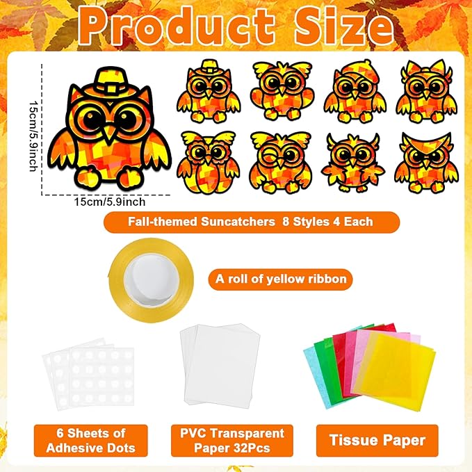 QOUBAI 32 Sets Fall Owl Suncatchers Craft Kit DIY Window Stained Glass Effect Autumn Owl Paper Crafts Home School Classroom Decoration Kid Birthday Gift Creative Art Project Activity Game
