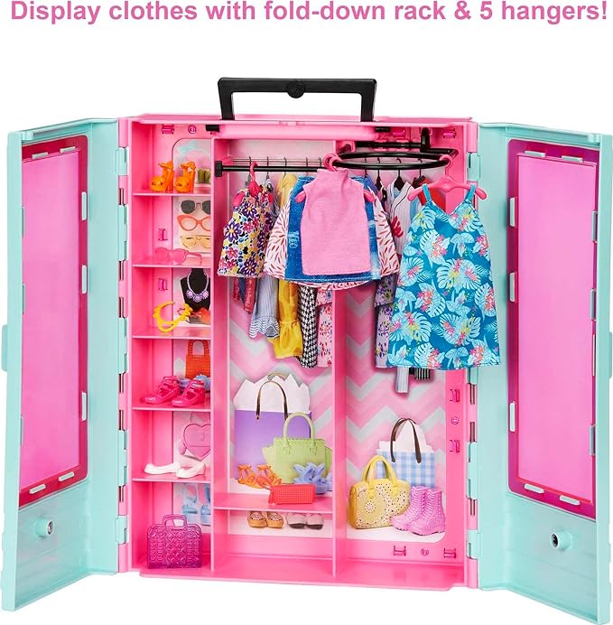 Barbie Closet Playset with 3 Outfits, 3 Pairs of Shoes, 2 Purses, Necklace and Sunglasses Accessories, 5 Hangars, Gift for 3 to 8 Years Old