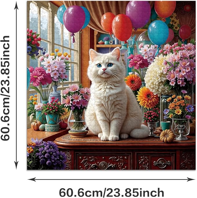 Jigsaw Puzzles for Adults 1024 Pieces - Challenging Fun Puzzles Stunning Art Wall Decor, Gift for Adult Puzzle Lovers, Family Game, Flowers & White Cat