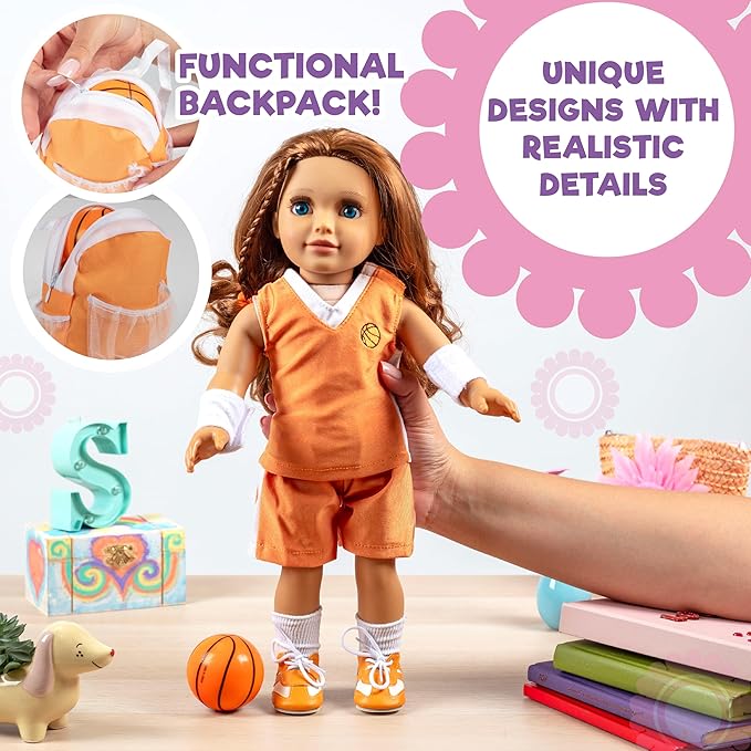 Girls Basketball Uniform 8pc Doll Outfit- Includes Basketball, Sneakers, Jersey, Shorts, Backpack & More- Handmade Outfit & Accessories Compatible with 18" American Girl Doll- Gift for Girls, Birthday