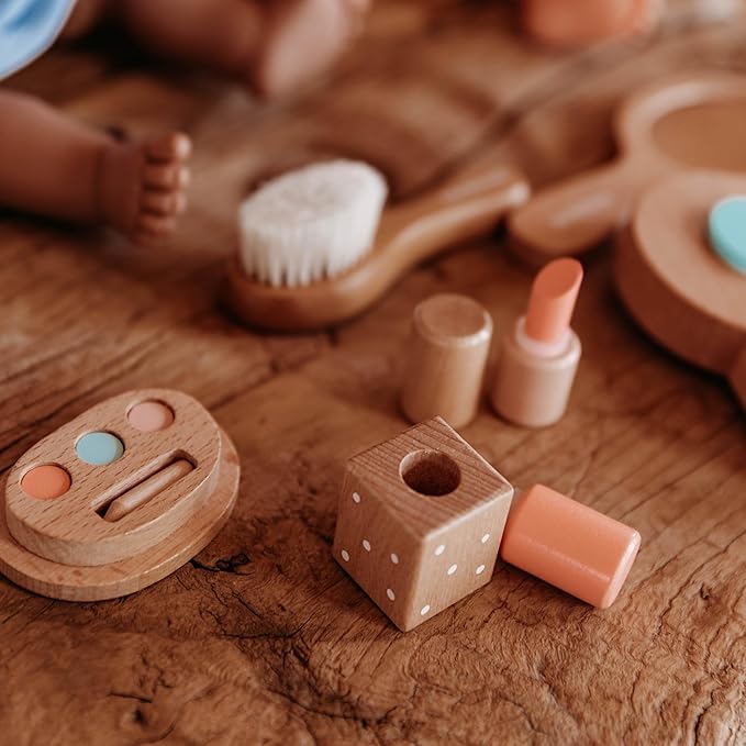 Miniland Doll Wooden Beauty Set - Quality accesory Set with 6 Wooden Pieces and 1 Carry case to Storage for Children from 3 to 6 Years