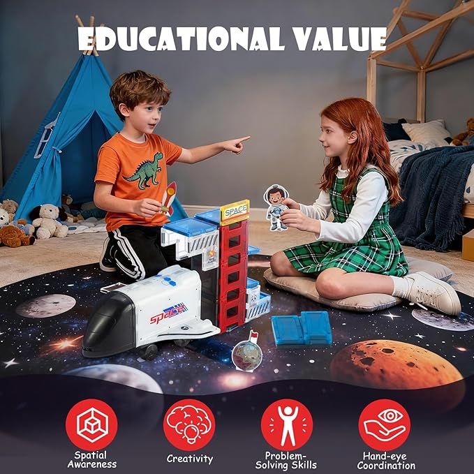 Space Magnetic Tiles for Kids, 30 Piece STEM Magnetic Building Blocks Set, Rocket Ship Space Station Educational Construction Toy with Astronaut Figure for Boys Girls Ages 3-8