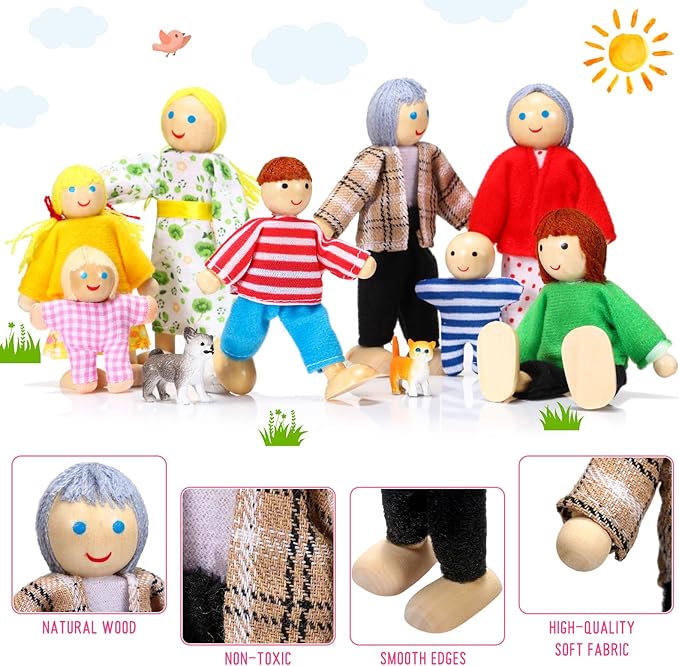 Skylety 20 Pcs Wooden Dollhouse Family Set of 16 Mini People Figures and 4 Pets, Wooden Dollhouse Dolls Cosplay Family Figures Accessories for Pretend Toy(Vivid Style)