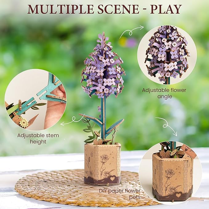 ROBOTIME Wooden Flower 3D Puzzle TW021 Lilac, Purple Gifts Idea, 30-Minute Crafts for Adults & Teens, Artificial Flower Decorations, Birthday/Valentine's Day