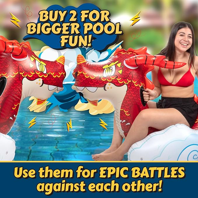 Giant Dragon Pool Float- 2 Person Inflatable Rider Over 7 FT Long w Sturdy Handles- Heavy-Duty PVC XL- Backyard, Beach, Lake, Pool Party Float Toy for Kids Teens, Adults- Outdoor Summer Water Fun Play