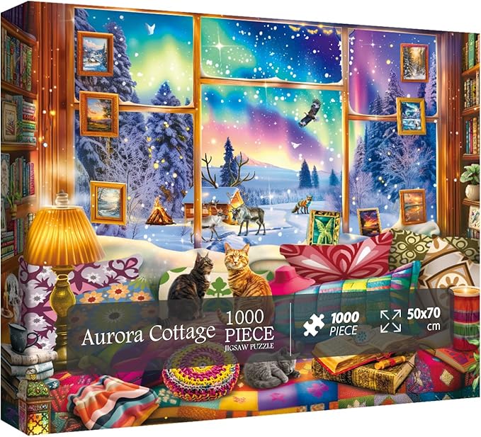Winter Book Nook Puzzle 1000 Piece for Adult, Cozy Cabin Northern Lights Jigsaw Puzzle, Cat Animals Puzzles