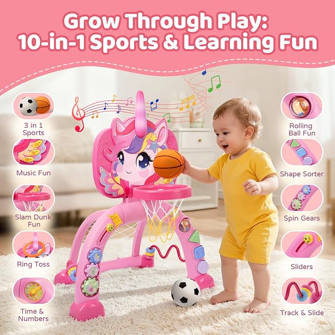 Basketball Hoop & Soccer Goal for Toddlers – 3-in-1 Sports Play Set with Ring Toss | Indoor Outdoor Activity Toy for 1 2 3 Year Old Boys | Birthday for Active Play (Pink)