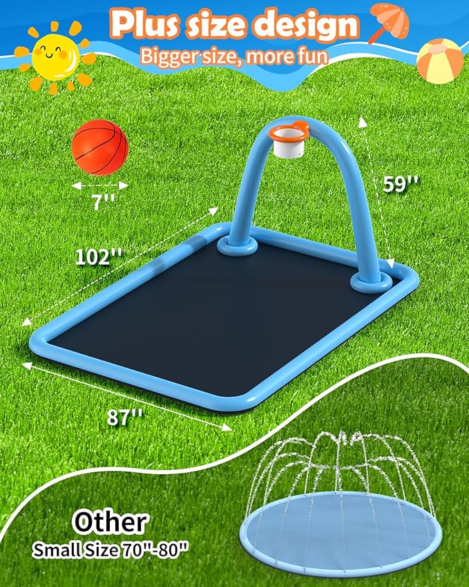 Splash Pad for Kids & Dogs, 102x87'' Large Sprinkler Pad Water Toys with Basketball Hoop, Thickened Non-Slip Splash Mat, Foldable Play Pool & Outdoor Summer Toys Ages 4-12 (102" Splash Pad)