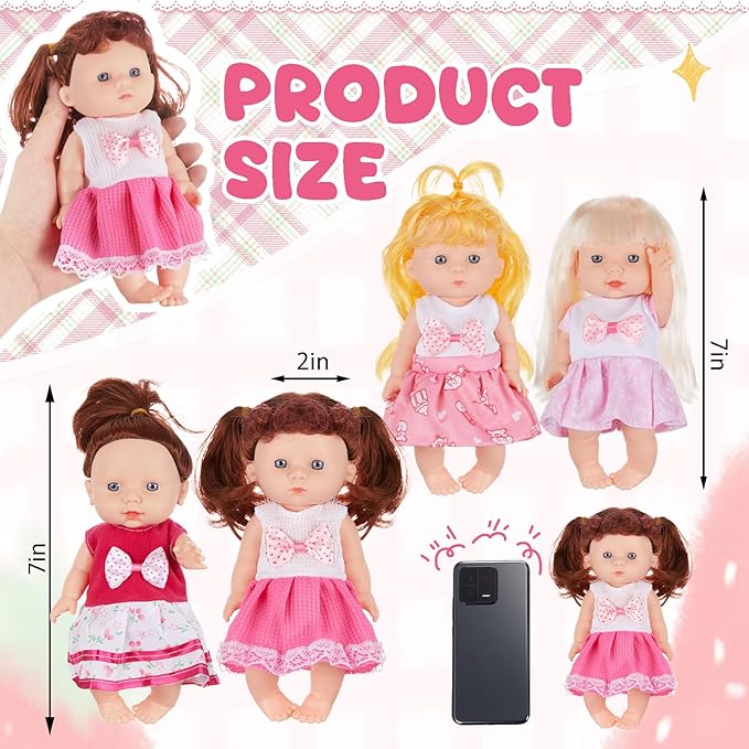 Halloscume 7 Inch Mini Baby Mini Reborn Doll Vinyl Full Body Lifelike Dolls Baby with Weighted Cloth Reborn Gift Set for Kids, Gifts for Christmas Kids(4 Pcs,Long Hair)
