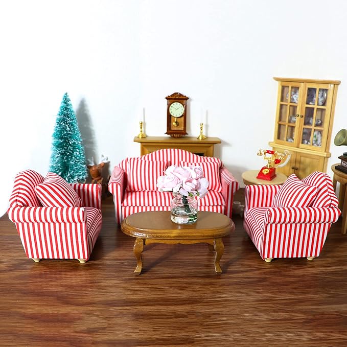 Dollhouse Couch Miniature Sofa with Pillows Dollhouse Living Room Funiture 1:12 Scale Model 3 Pcs High Simulation Upholstered Wooden Fabric Armchair Mini Room Artificial House Scene Decoration (Strip)